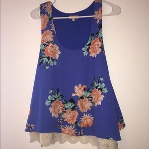 Blue floral and lace tank top